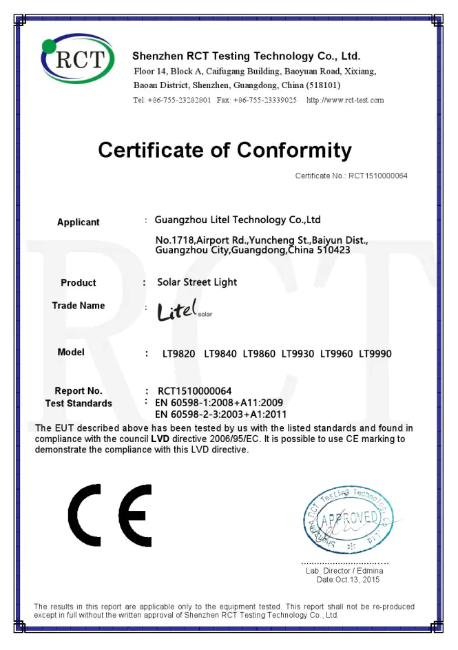 Solar street light CE cetificate of LVD